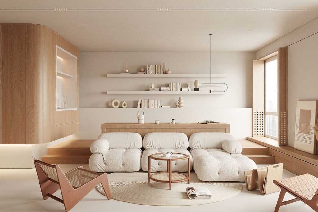 Photo d'un salon avec en premier plan une chaise en bois à gauche, une table en bois au milieu et une autre chaise en bois à droite. Il y a un grand canapé blanc au milieu du salon. Un style minimaliste domaine le salon.