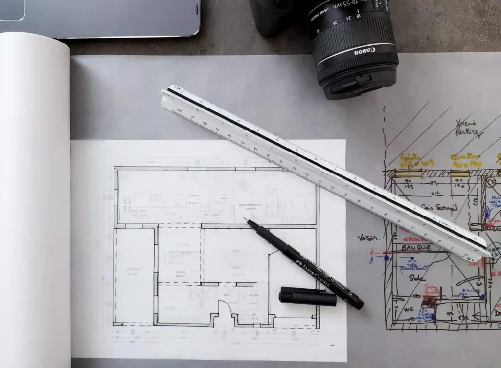Photographie d'un plan d'architecte avec au premier plan une règle et un stylo. En lien avec la rénovation de maison 